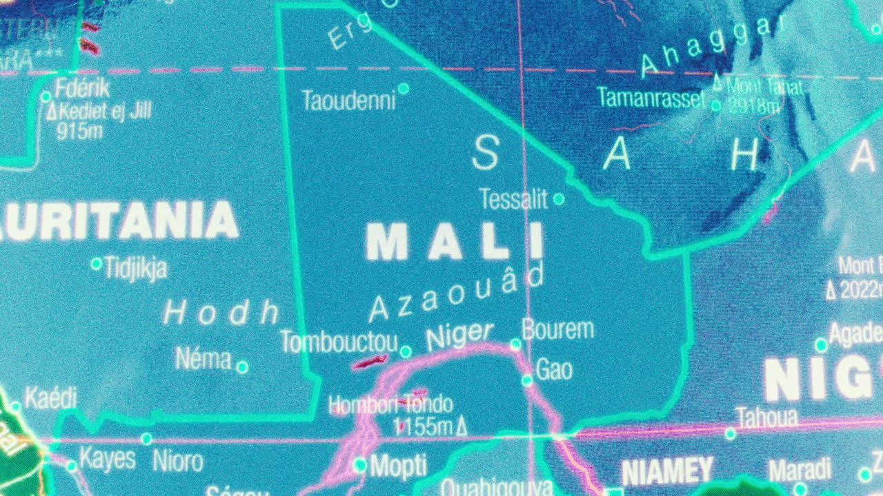 A close-up view of a map showing Mali and surrounding countries in West Africa