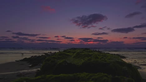 Roter-Sonnenuntergang-An-Einem-Strand-Mit-Silhouetten-Stehender-Möwen-Im-Hintergrund,-Niedriger-Winkelblick-über-Eine-Buhne