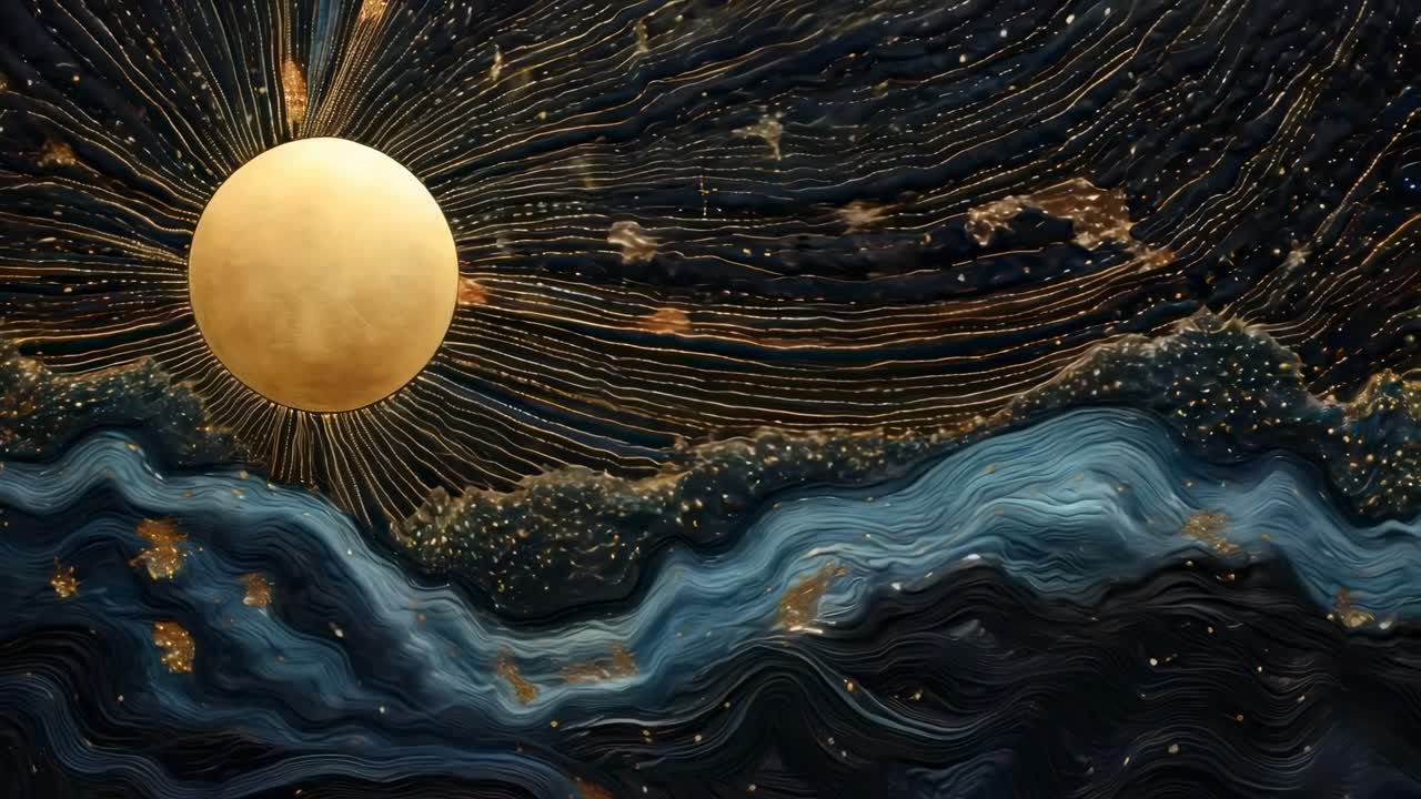 Abstraktní videoart s vesmírnou tématikou, zobrazující zlaté slunce a vířící modré vlny.