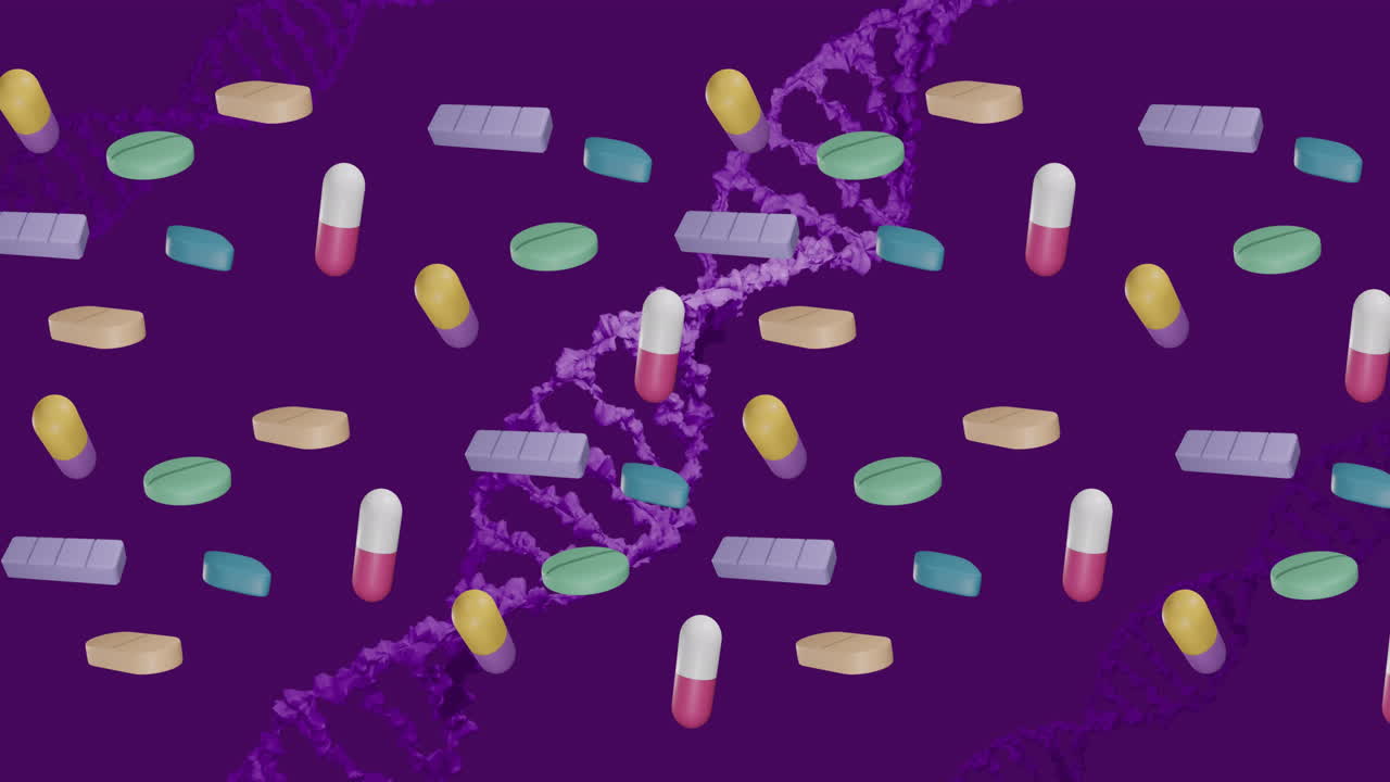 보라색 배경에 떠다니는 알약과 dna 가닥의 애니메이션