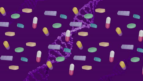 animación de pastillas flotantes y cadena de adn en fondo púrpura