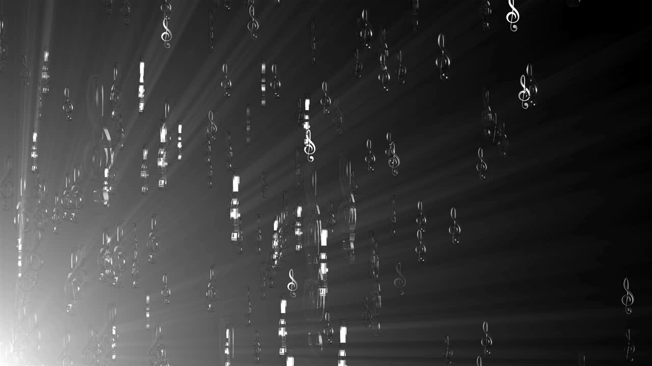 많은 음악 노트, 열가 광선으로 날아가고, 3d 추상 현대 배경, 컴퓨터 생성