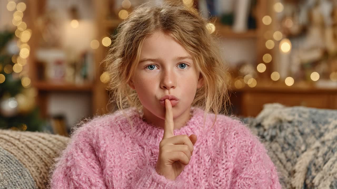 A Thoughtful Young Girl in Cozy Sweater Reminds Us to Be Quiet and Reflective During Moments of Joy and Celebration, Embracing the Spirit of Peacefulness