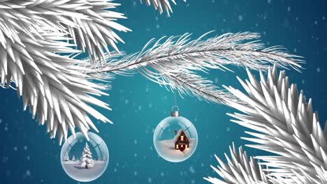 animation of clear baubles christmas decoration hanging on white christmas tree on blue background