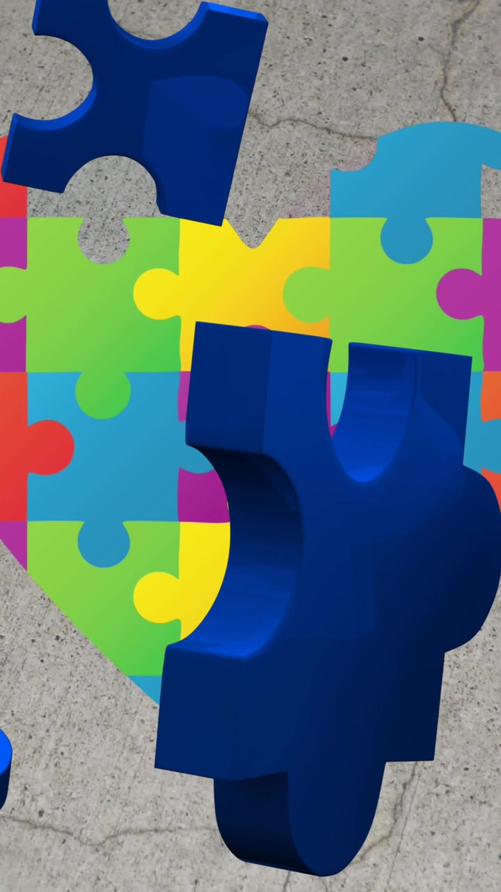 Animazioni di pezzi di puzzle colorati in caduta su sfondo grigio