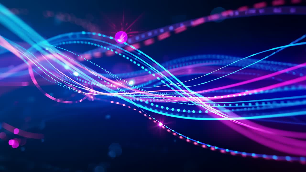 Opening in cyberspace, cyan-magenta ribbons and pink orb weaving and splitting into pulsing mesh