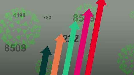 colorful graphic animation with arrows rising on background of coronavirus signs and counting relative numbers