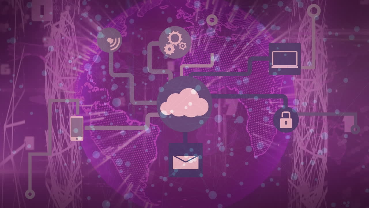 Animation of data processing and globe over media icons