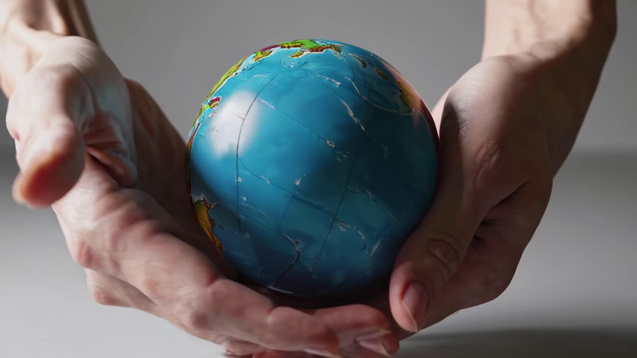 Video ravvicinato di mani che sorreggono delicatamente un piccolo globo, a simboleggiare cura e unità