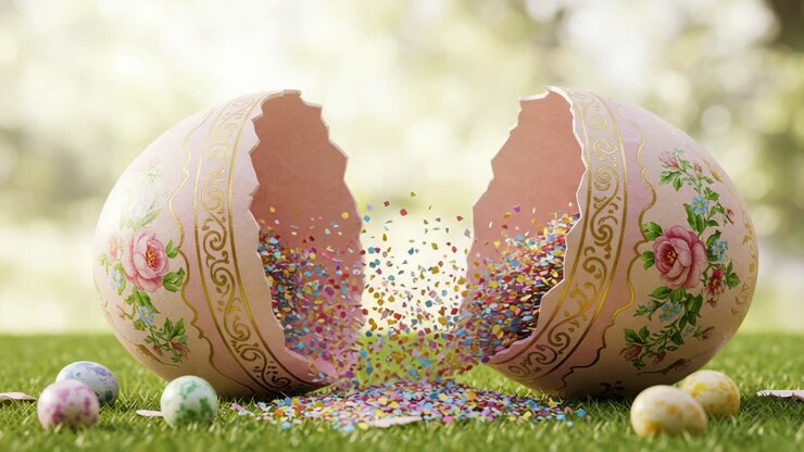 A Delightful Scene of Broken Easter Eggs: Colorful Confetti and Decorative Candies Filling a Lush Green Meadow Under Bright Spring Sunlight