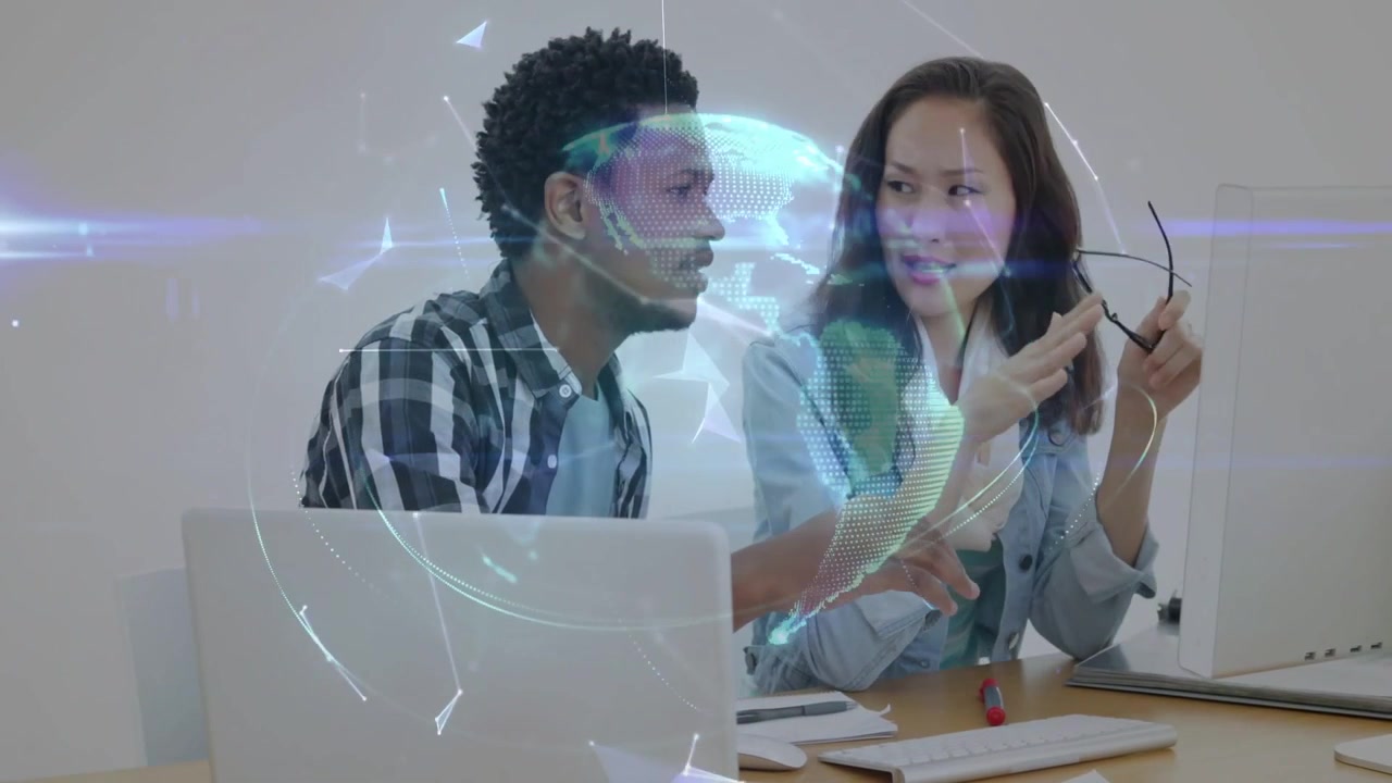 Man leaning and woman picking up glasses, initiating business talk by laptop as globe ring growing