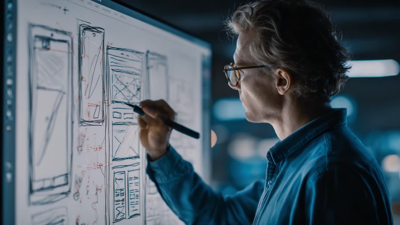 A Creative Designer Sketching User Interface Wireframes on a Digital Screen, Capturing Innovative Ideas and Concepts for Modern Applications and Websites