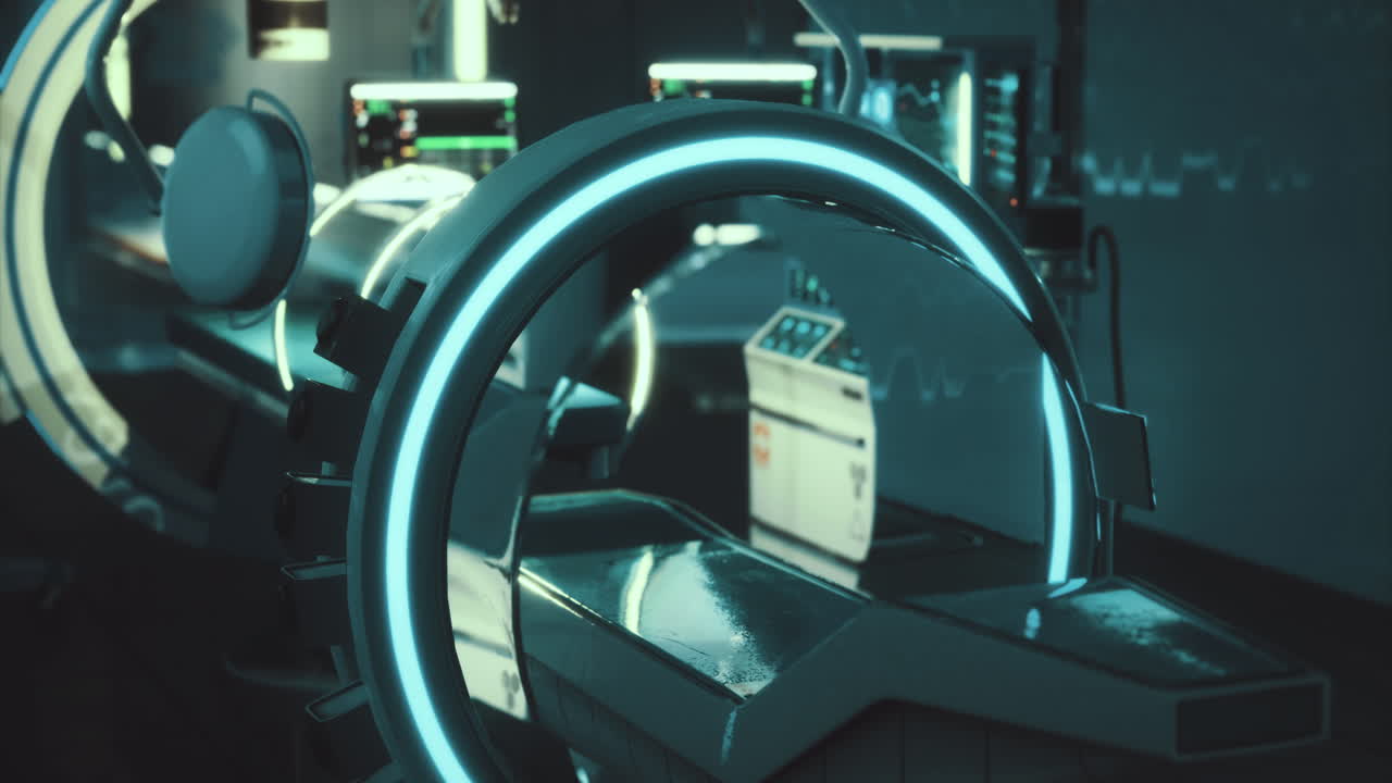Tecnologia futuristica per risonanza magnetica in un ambiente medico moderno che evidenzia le diagnosi