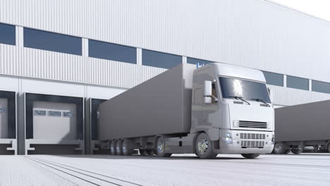 trucks with semi-trailers standing in a row in front of a warehouse. heavy load cargo transport from business commercial sites. logistics freight industry transportation endless, seamless loop.