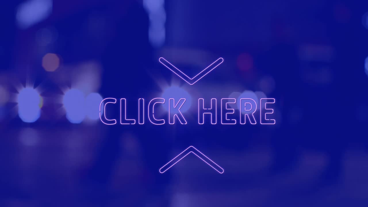 animación de clic aquí texto sobre el paisaje urbano por la noche sobre fondo azul