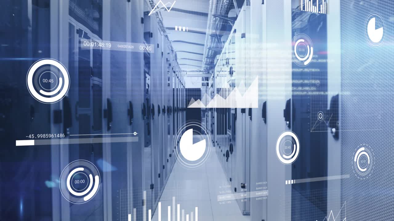 When feed initiates HUD gauges and charts animating over rack aisle showing system health