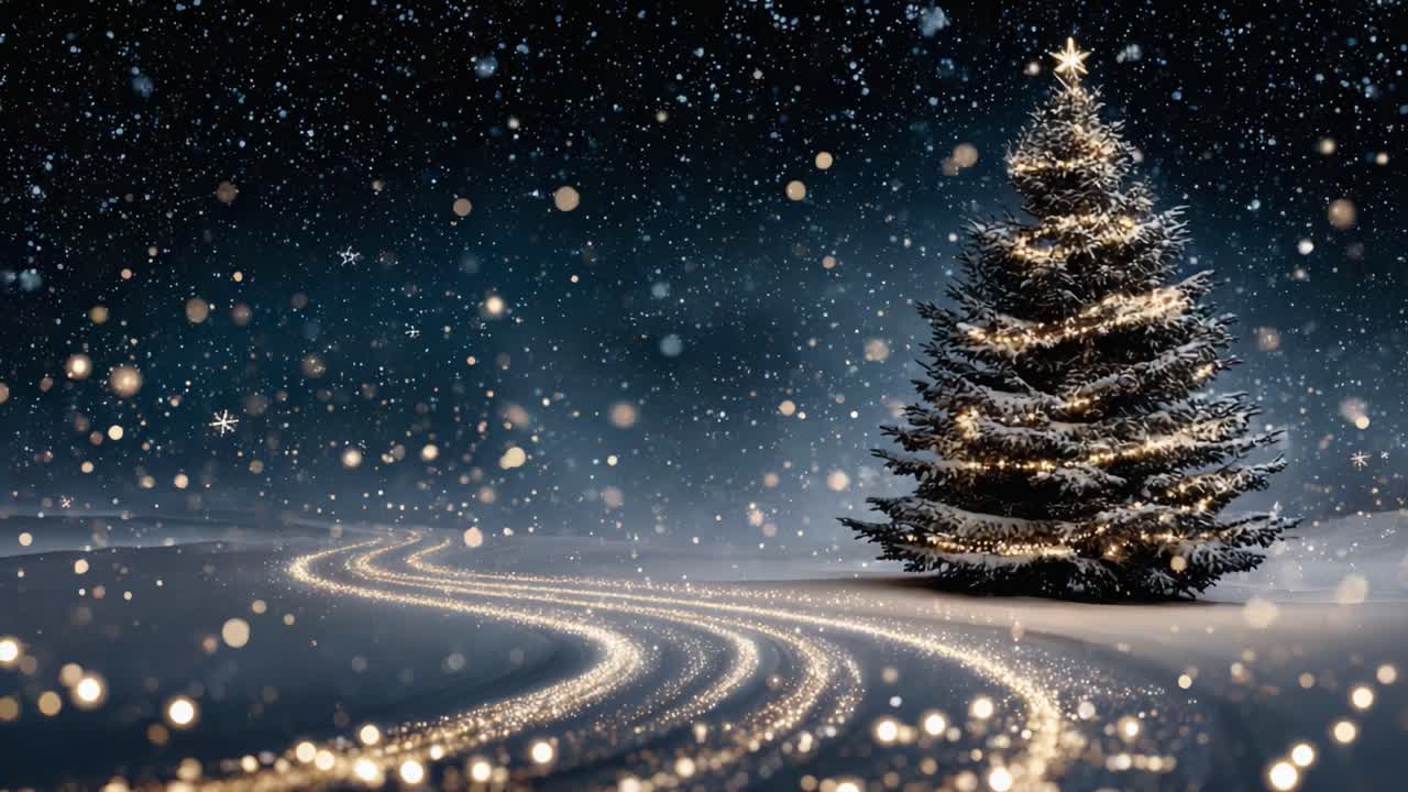 A Beautiful Winter Scene Featuring a Glimmering Snowy Christmas Tree Lit with Twinkling Lights Against a Sparkling Snowfall and Starry Night Sky