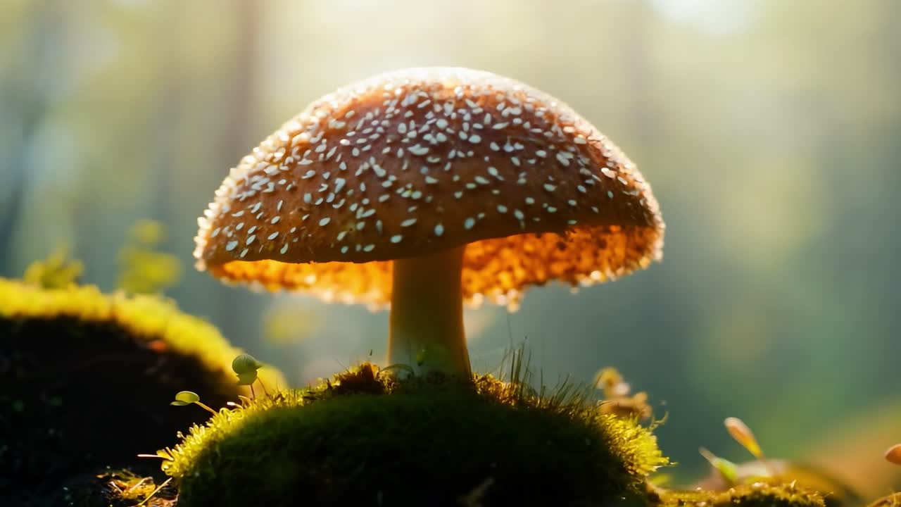 la luz del sol iluminando un vibrante hongo amanita muscaria anidado en un bosque exuberante, mostrando la belleza y los detalles de la naturaleza