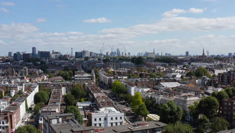 Aerial-panoramic-footage-of-calm-urban-neighbourhood.-Cityscape-with-tall-modern-skyscrapers-in-background.-London,-UK