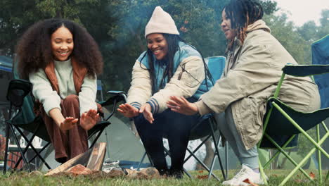friends camping, fire and warm hands with flame