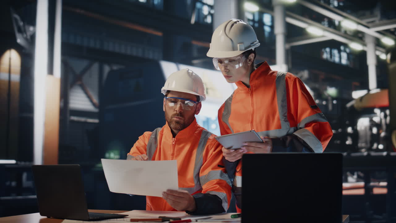 Couple technicians discussing industrial project at production facility.