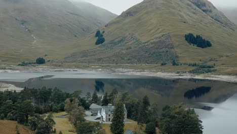 Stunning Aerial View of a House by a Lake in the Scottish Highlands