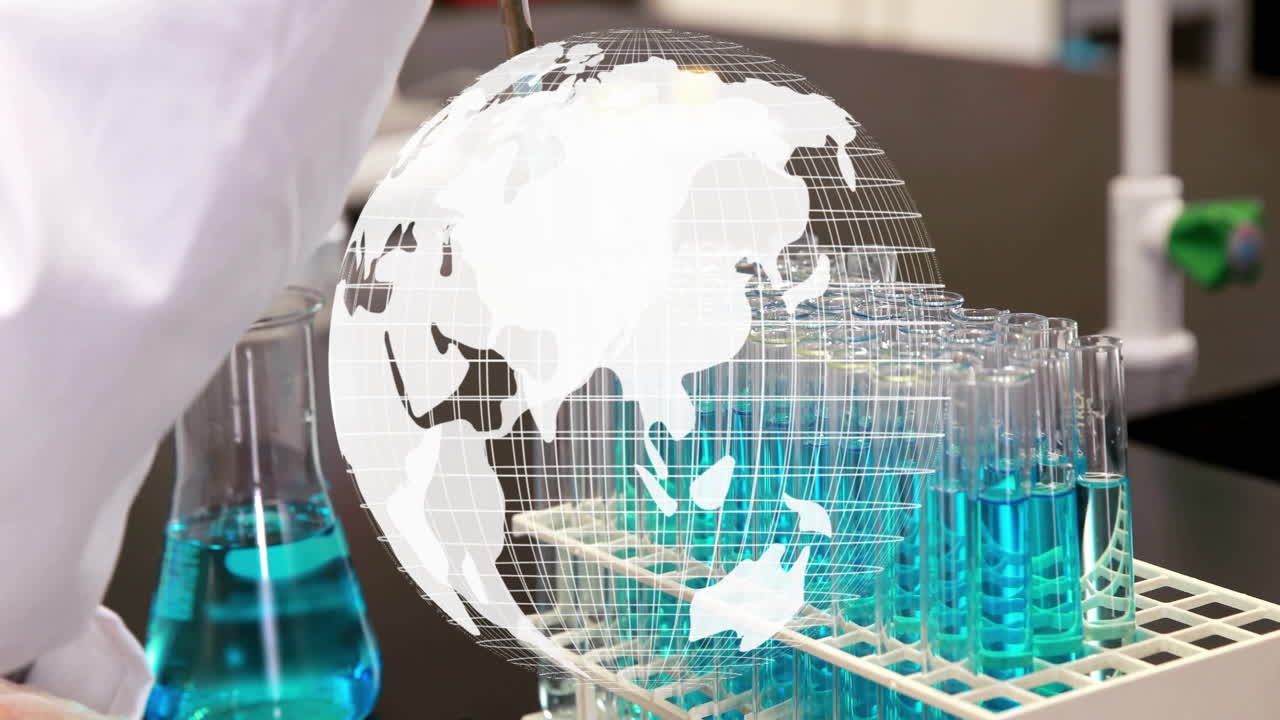 실험실에서 시험관으로 일하는 과학자에 대한 지구 애니메이션