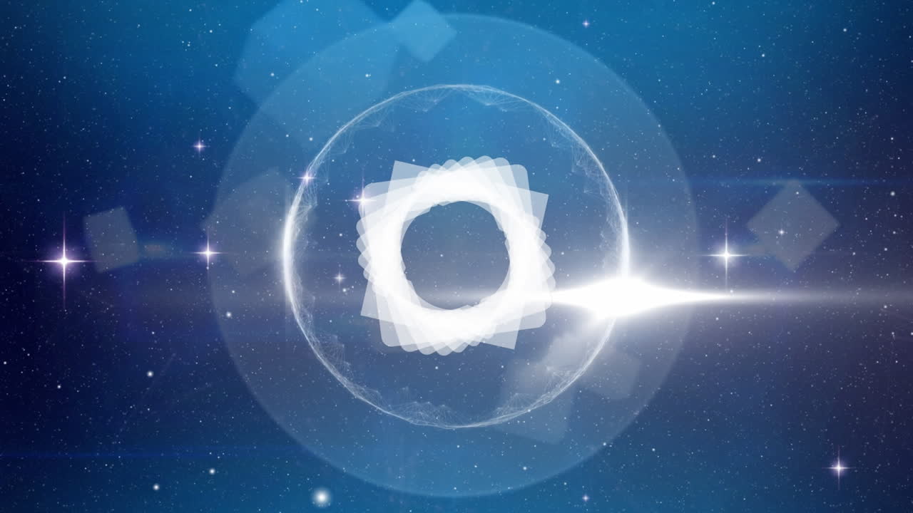 파란색 배경에 대한 둥근 스캐너 위에 빛과 반 ⁇ 이는 별의 반점