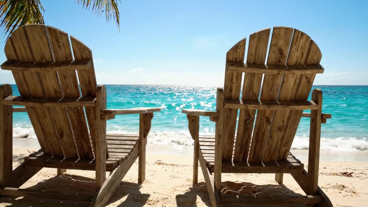 Ruhige Momente: Zwei Holzstühle am Strand mit kristallklarem Wasser unter einem strahlend blauen Himmel für Entspannung und Gelassenheit