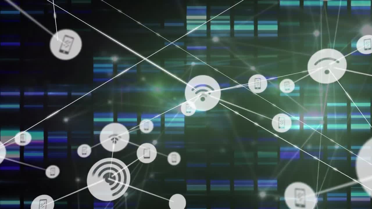 animación de la red de conexiones con iconos con procesamiento de datos