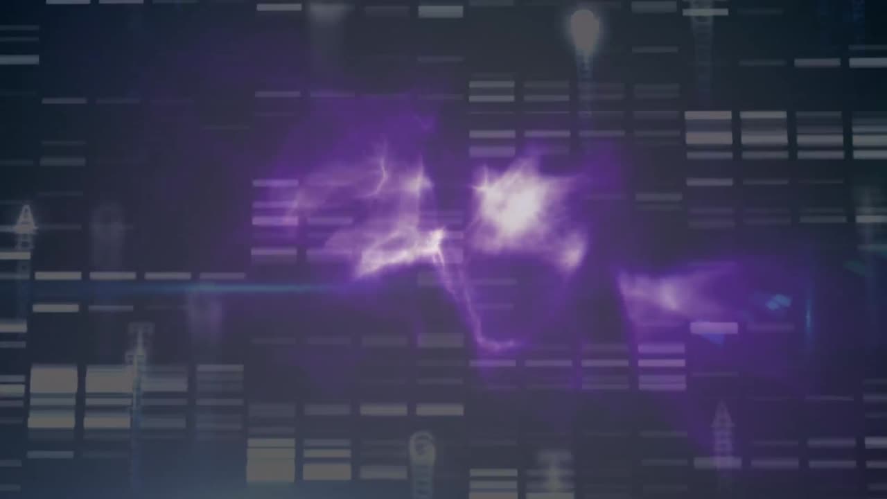 Animazione di elaborazione dati su griglia e nuvole luminescenti