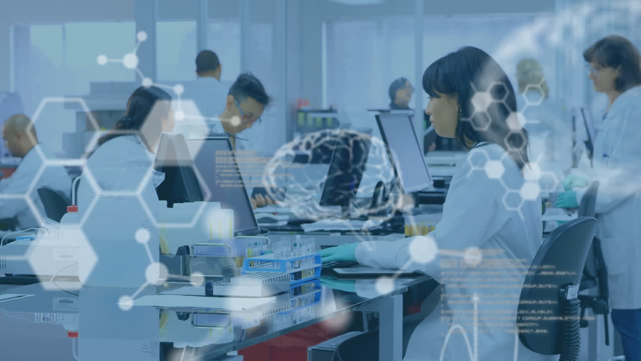 분자 구조의 애니메이션, 뇌, 컴퓨터 언어, 실험실에서 일하는 다양한 과학자