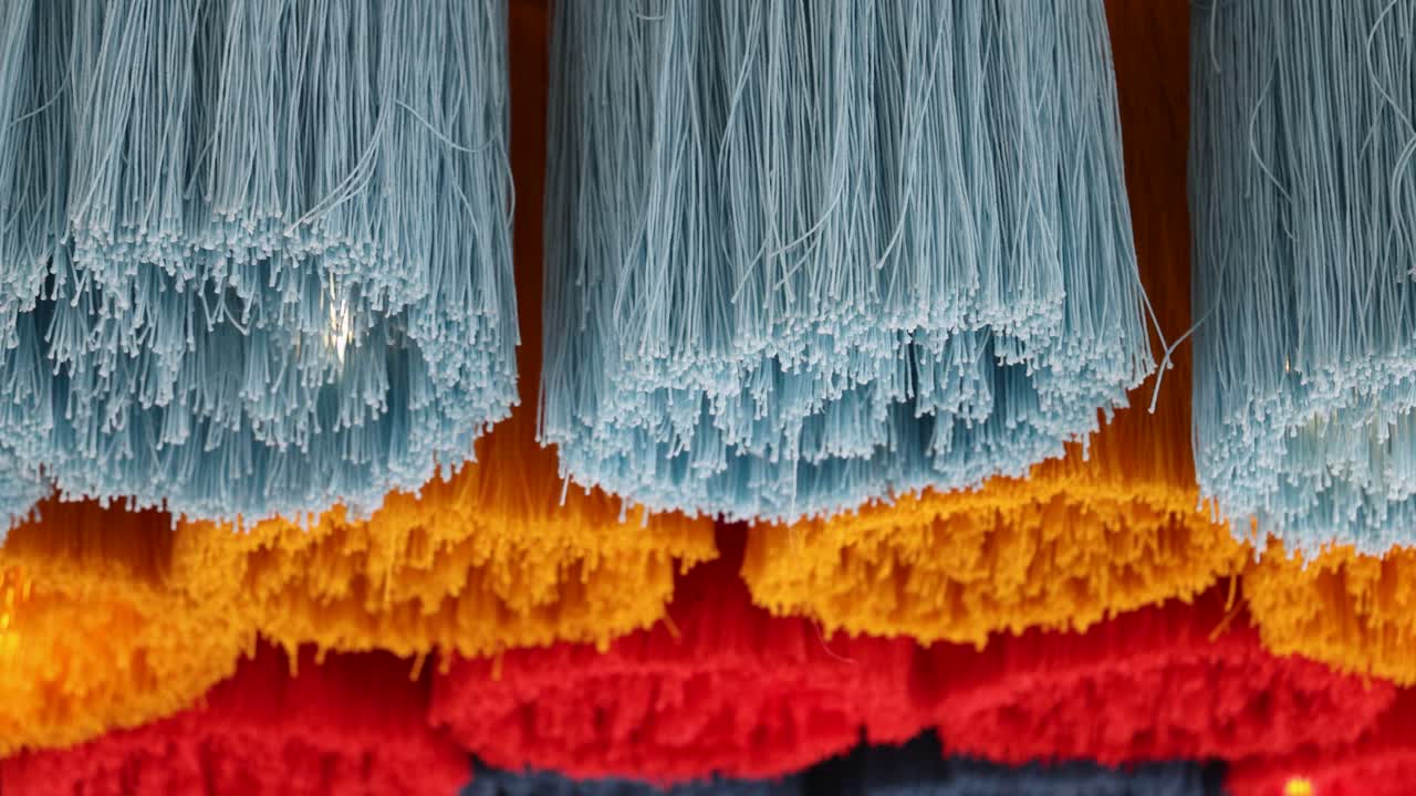 los vibrantes hilos de algodón en azul, naranja y rojo crean una visualización dinámica con movimiento sutil y texturas ricas
