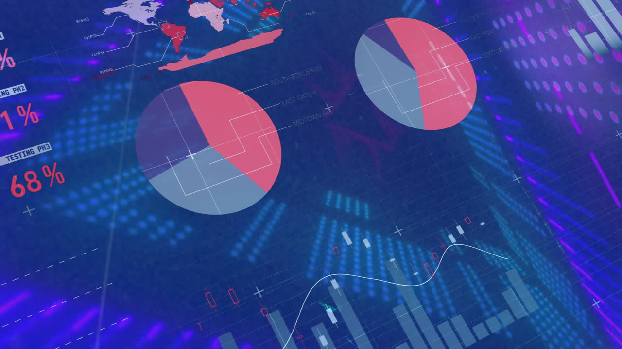 Data visualization presenting testing phase percentages in animated flat design with neon charts
