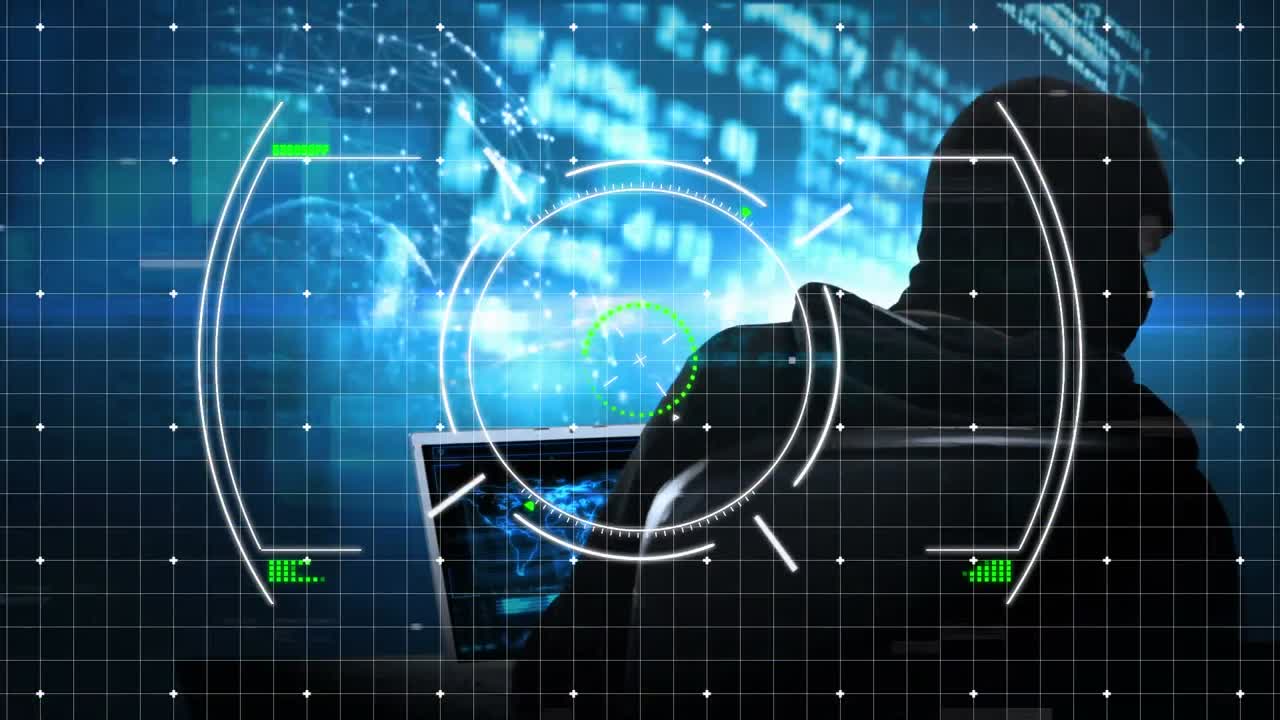 Animation av scope och databehandling över en hacker med laptop