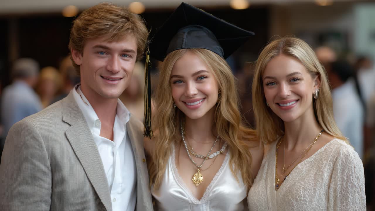 Una Alegre Celebración de Logro: Amigos Atesorando un Momento Significativo Juntos Después de la Ceremonia de Graduación con Sonrisas y Atuendos Glamurosos