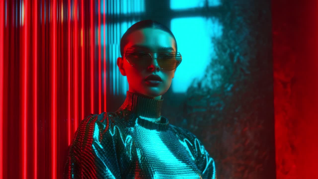 An ethereal fashion model showcases vibrant red and blue hues in a bold metallic outfit, complemented by striking sunglasses, set against a shimmering background of textured light