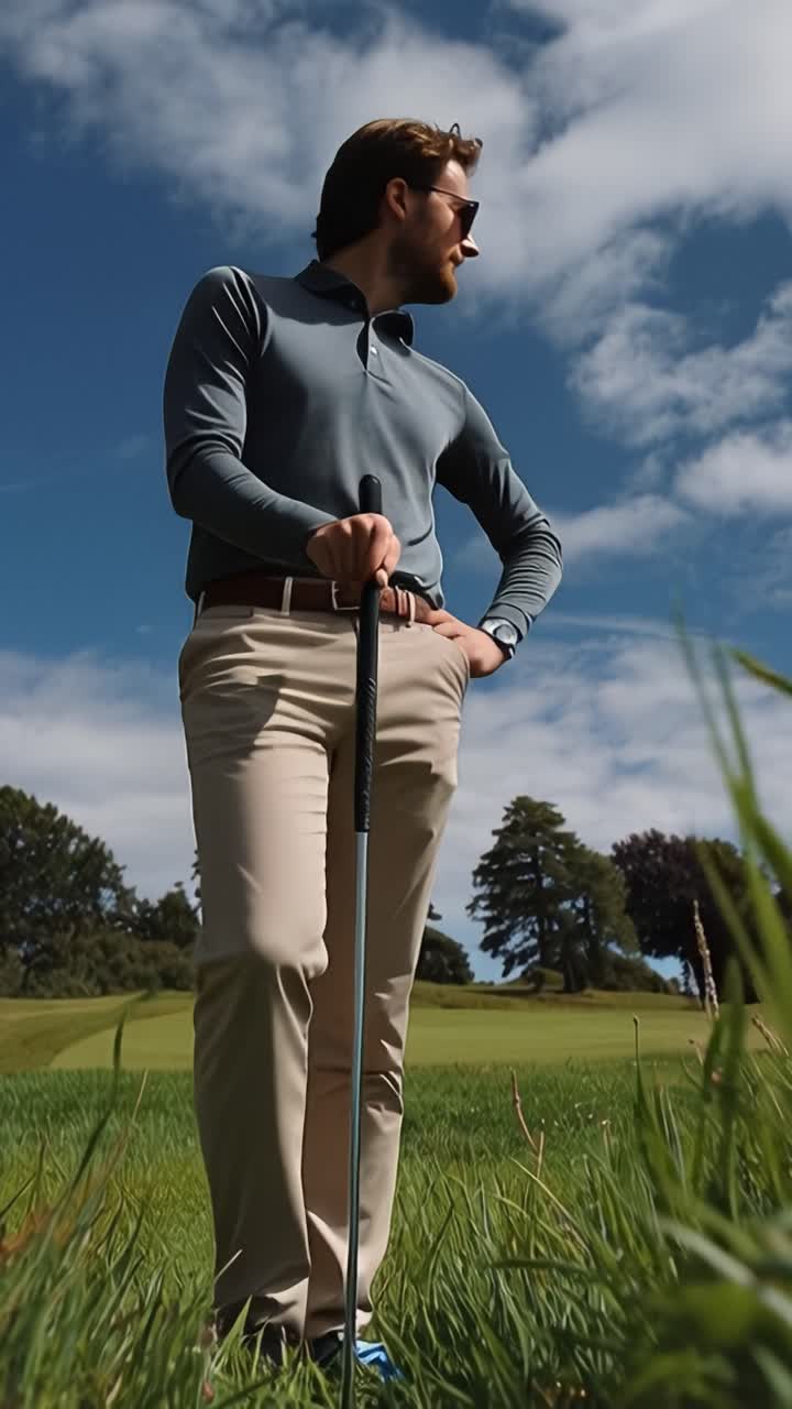 Giocatore di golf pensieroso, con la mazza in mano. Indossa occhiali da sole, una polo e pantaloni color cachi. Erba verde lo circonda sotto un cielo blu. Alberi si estendono dietro di lui in lontananza. Guarda avanti, calmo.