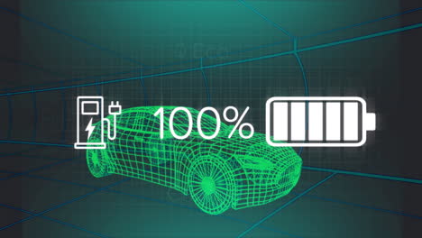 animación de los datos del estado de carga en la interfaz del vehículo eléctrico, en un modelo de coche 3d