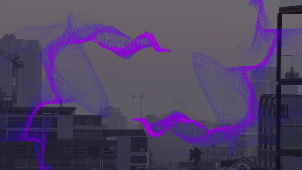 Animation of purple wave over cityscape