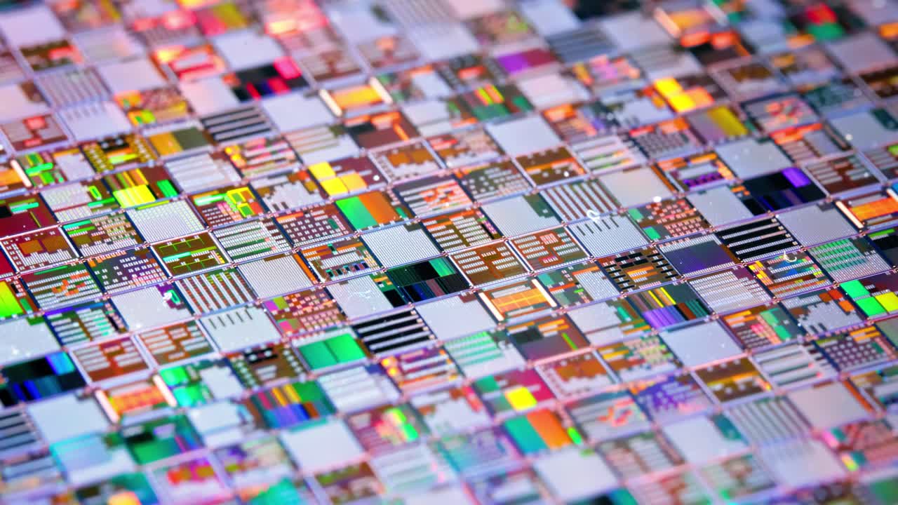 실리콘 반도체 웨이퍼 클로즈업. 전자공학에서, 웨이퍼는 슬라이스 또는 서브스트레이트라고도 불리며, 집적 회로의 제조에 사용되는 반도체, 결정성 실리콘의  ⁇ 은 슬라이스입니다.