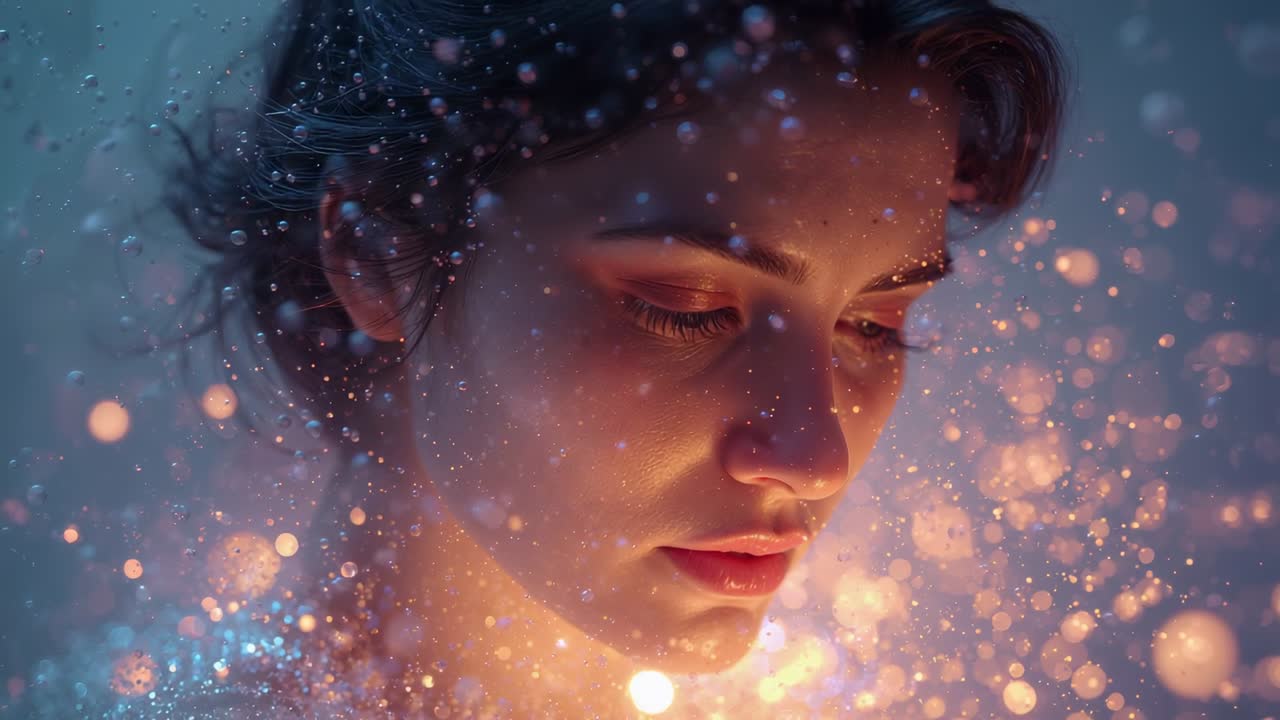 Donna che fissa l'obiettivo in posa in studio, con particelle luminose che appaiono e creano una calda luce