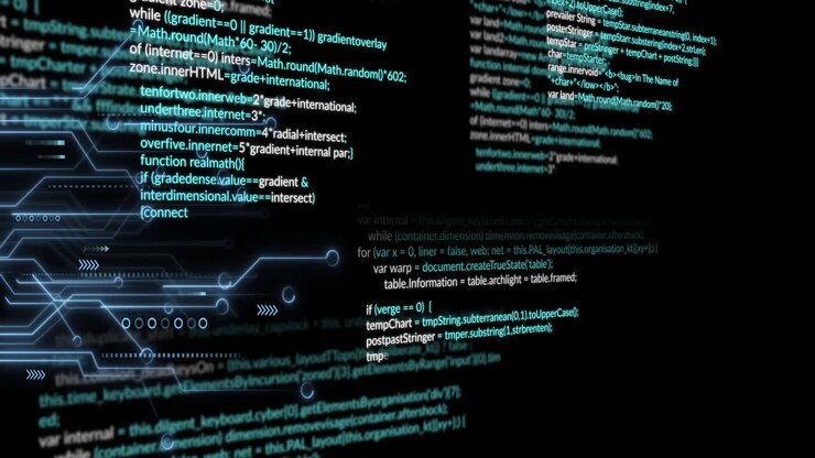 Animation of data processing over circuit board on black background