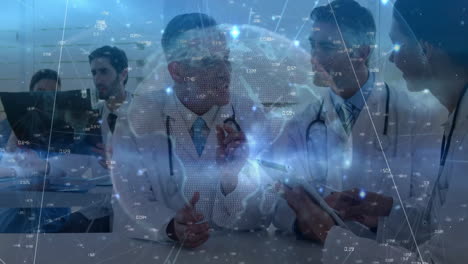 medical team reviewing patient data interacting with holographic globe, network overlay and charts