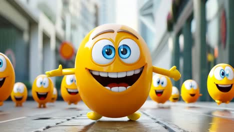 a group of yellow smiley faces walking down a city street