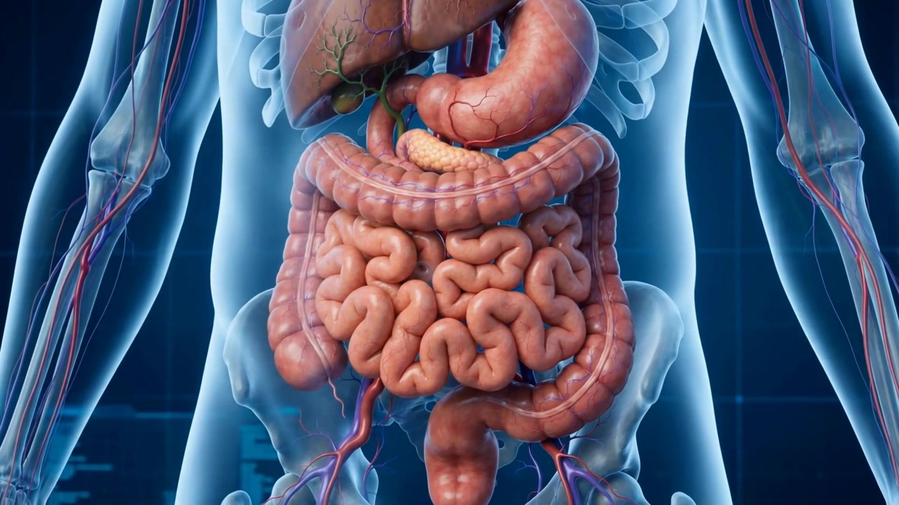 Torso trasparente che mostra fegato, stomaco e tratto intestinale completo in un dettaglio medico stratificato