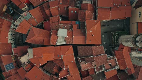 high altitude birdseye ascent over ortonovo, italy, layout of the historic dense village with flock of birds flying below