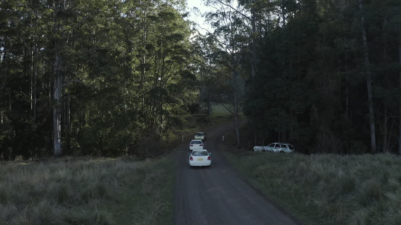4k Drone shot of three white cars driving through a beautiful tropical forest in Australia. A wrecked car can be seen on the side.
