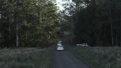 4k drone shot of three white cars driving through a beautiful tropical forest in australia. a wrecked car can be seen on the side.