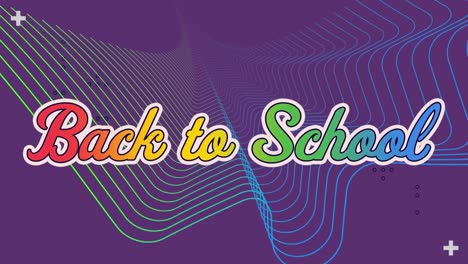 Animation-Von-Farbenfrohem-Back-to-School-Text-Mit-Wellenmustern-Auf-Violettem-Hintergrund,-Kopierraum